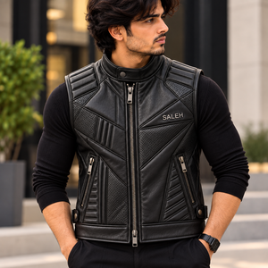 Saleh Premium <b>Black</b> Leather Motorcycle <b>Vest</b> <b>Men's</b> Sleeveless Biker Riding Jacket Zipper Pockets Turtleneck Collar Winter Casual - Product Image 3