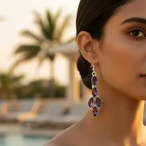 Boucles d'oreilles pendantes en argent 925 avec pierre précieuse améthyste, style religieux tendance et classique, matériau principal en platine pour femmes et cadeaux - Product Image 3