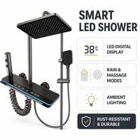 Ensemble de douche mural moderne en aluminium brossé électroplaqué avec affichage LED, pommeau de douche carré, jet de pluie, pulvérisateur à main massant, 4 voies