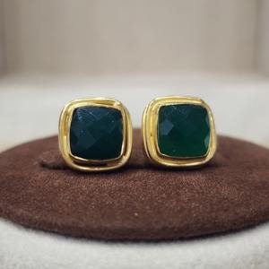 Plata de Ley 925, Natural chapado en oro, corte cuadrado, piedra preciosa de ónix verde, Vintage pendientes hechos a mano, hermoso acabado, bodas - Product Image 1