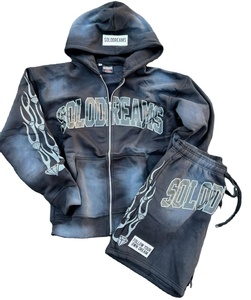 Customized Logo Acid Wash 100% Cotton French Terry Breathable Winter Men's Zipper Hoodies Shorts 2-Piece Sweatsuit <b>Set</b> High - Product Image 1