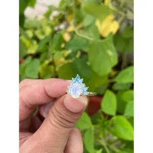 925 Silver <b>Adjustable</b> <b>Ring</b> with Blue Topaz and Moonstone Rose Gold and Rhodium Plated Fashionable Trendy Inlay for Engagement - Product Image 3