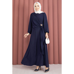 Vestido Hijab Estilo Boho Azul Marino con Tirantes, Lazos Laterales y Decoraciones con Cremallera, Elegante y Transpirable para Oficina, Largo hasta el Suelo - Product Image 5