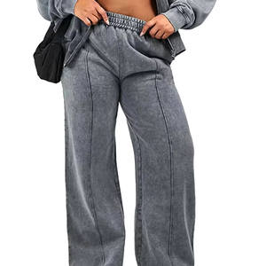 Ensemble de survêtement gris grande taille pour femme, coupe décontractée, sweat-shirt et pantalon à fermeture éclair intégrale, couleur unie, respirant, 100% coton - Product Image 5