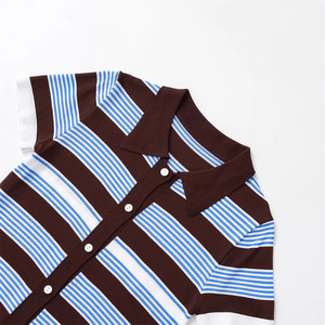 Novedad verano Mujer casual versátil hebilla cerrada rayas manga corta punto Polo cuello top - Product Image 6