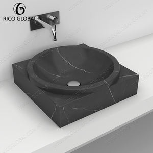 Lavabo en marbre noir de qualité supérieure avec base carrée intégrée élégante et bol circulaire pour une décoration de salle de bain haut de gamme - Product Image 2