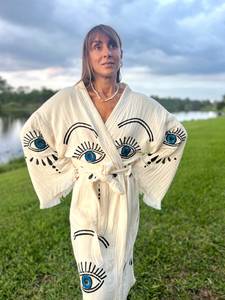 ชุดเดรสสไตล์ตุรกีสำหรับผู้หญิง เสื้อผ้าสตรีทแวร์ สีพื้นเรียบง่าย สง่างาม แขนยาว ลายตาปีศาจ สไตล์ลำลอง โบฮีเมียน พร้อมเข็มขัด ผ้าถักแบบกิโมโน สำหรับคลุมตัวไปทะเล - Product Image 3