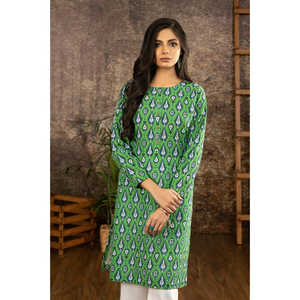 Chemisier en soie tricotée imprimée verte Khaddar, taille unique, pour femme, avec boutons, motif floral vintage, long, idéal pour le bureau, printemps-automne - Product Image 1