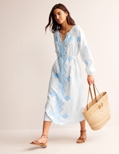 Robe en lin brodée à usage quotidien pour femmes et filles Style décontracté ceinturé avec taille naturelle inspirée de Latina - Product Image 3