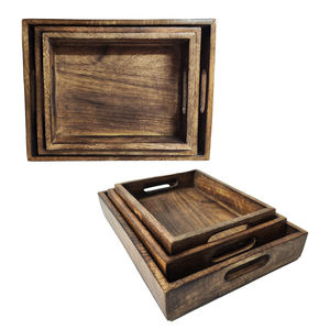 Ensemble de plateaux de service en bois de manguier 3 pièces fait à la main, personnalisable pour les hôtels et les restaurants, plateaux décoratifs en bois, vente à chaud - Product Image 4