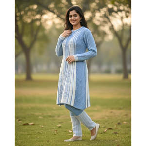 <b>Women's</b> Winter Casual Full Sleeve Long <b>Woolen</b> Fabric 3-PC Vintage Kurti Set in SkyBlue Color - Product Image 2