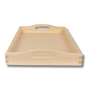 Plateau de service en bois de hêtre avec poignées 50x30 cm, finition non poncée, rebord profond, plateau de petit-déjeuner, vente en gros, logo personnalisable - Product Image 1