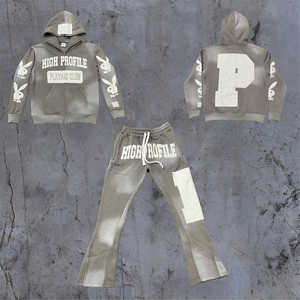 Fabricantes de ropa personalizado lavado con ácido Vintage bordado parches sudaderas con capucha peso pesado pierna ancha pantalón Sudadera con capucha y pantalones de chándal conjunto - Product Image 2