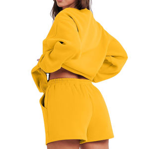 2025 femmes hiver deux pièces Sport Shorts ensembles 100% coton à manches longues hauts décontracté solide motif respirant tenue quotidienne - Product Image 3