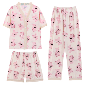 Set Pigiama 3 Pezzi in Seta di Latte Kawaii, Stile Casual Taglia XL, Morbido con Elastico in Vita, Vestaglia con Motivi Animali Cartoon, Fresco e Leggero per la Notte - Product Image 4