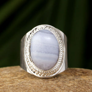 Hermoso diseño de anillo de ágata de encaje azul Natural 10x14mm forma ovalada 925 piedras preciosas de plata esterlina Boho declaración joyería minimalista - Product Image 5