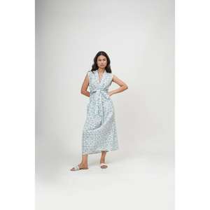 ชุดเดรสผ้าฝ้ายพิมพ์ลายดอกไม้สีฟ้าอ่อน ทรงพันรอบตัว ยาวคลุมเท้า สไตล์โกธิค คอวี แขนสั้น ผูกเชือก ลำลอง สำหรับฤดูร้อน - Product Image 2