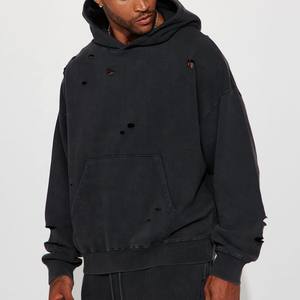 Sudadera con capucha de gran tamaño personalizada para hombre French Terry, ropa de calle de algodón 100%, sudaderas con capucha desgastadas Vintage rasgadas para hombre - Product Image 5