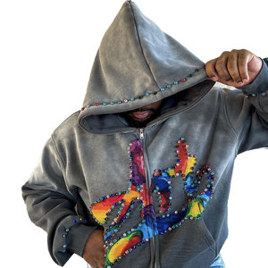 Sweat à capuche zippé 100% coton gris personnalisé Sweat à capuche zippé couleur strass Dtg Imprimer Oversize Boxy Acid Washed Hoodie With Rhinestone - Product Image 2