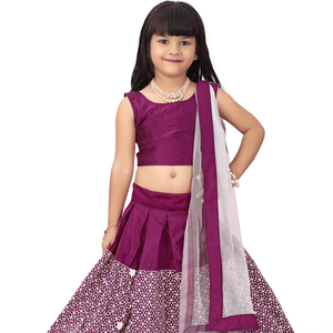 Shoryam Fashion Girls Wine Purple Floor-Length Lehenga Choli Set <b>Net</b> <b>Dupatta</b> Embroidery 2-5 Years Traditional Indian Party - Product Image 1