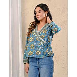 Blusa Azul Jaal con Bordado Floral y Cuello Asimétrico de Tela Popelina con Detalles Laterales en Dori, Blusa Formal Larga para Mujer, Tallas XS a XL - Product Image 6