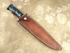 CUSTOM HANDMADE DAMASCUS STEEL COLOR <b>BONE</b> <b>HANDLE</b> BEAUTIFUL HUNTING BOWIE WITH LEATHER SHEATH by <b>KNIVES</b> MAKER. - Product Image 6