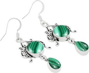 Pendientes de piedras preciosas de malaquita, pendientes de forma redonda de Plata de Ley 925 sólida para mujeres y niñas, Pendientes colgantes, joyería de plata - Product Image 3
