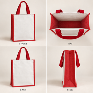 Bolsa de Yute y Lona Laminada Roja de 12x15.5x5.5 con Logotipo Personalizado, Reutilizable, con Refuerzo, para Compras y Regalos, PriGlob Exim - Product Image 2