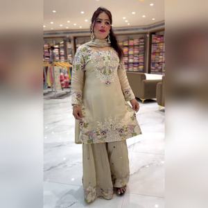 Chic arrival multi color cotton salwar kameez sharara set featuring resham work <b>detail</b> and fancy dupatta 2025 collection - Product Image 1