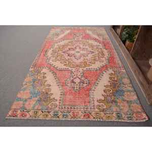 <b>Vintage</b> Turkish <b>Rug</b> Red Beige 3.6 X 6.7ft Large Area Woolen Patchwork Design for Hallway Bedroom Rectangular Shape Latex Backing - Product Image 2