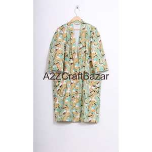 Robe Kimono Vintage 100% Coton à Imprimé Floral, Fermeture à Cordon, Manches Longues, Longueur Short - Mariage Indien, Demoiselle d'Honneur - Product Image 2