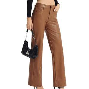 Pantalones de Pierna Ancha de Cuero Sintético Marrón para Mujer, de Cintura Alta, Corte Holgado, Largos, de Color Sólido, Casuales - Product Image 4