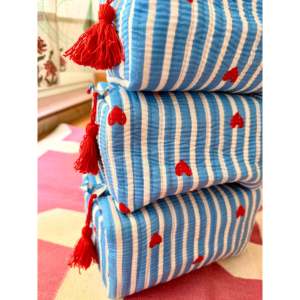 Blue Heart Vintage Style Lightweight Waterproof Lining Cosmetic Bags Set 3 Medium Size Zipper Closure Bead Tassel Trim - Product Image 3