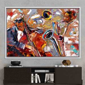 Obra de arte impresa en lienzo: Instrumentos musicales de jazz en una armonía vibrante, lienzo con marco blanco - Product Image 1