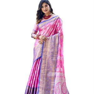 Latest Designer Banarasi Silk Zari Weaving Border Saree Indian & Pakistani Clothing by Fab Zone - Product Image 1