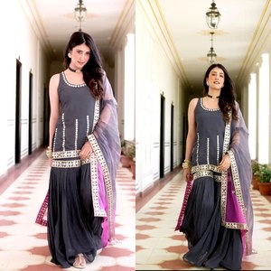 Mente que sopla pesado Georgette Salwar Kameez con hilo y papel de aluminio Espejo Trabajo Plazzo Sharara Traje - Product Image 2