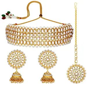 JMC 18k Gold Plated Traditional Kundan Pearl Choker Necklace with Earring Maang Tikka Jewellery Set for Women Girls