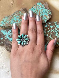Handmade Turquoise and <b>Sterling</b> <b>Silver</b> <b>Adjustable</b> Flower <b>Ring</b> Boho Jewelry - Product Image 3