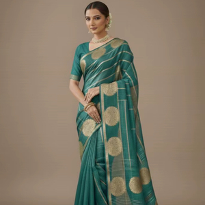 Sari de Seda Tejido a Mano para Mujer con Bordado de Pavo Real en Dorado Zari sobre Ruchi de Viscosa - Product Image 1