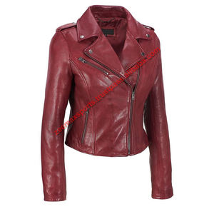 Biker Fashion Basic Biker Chaquetas de invierno para mujer Piel de vaca Cuero genuino con cuello levantado y decoración bordada - Product Image 3