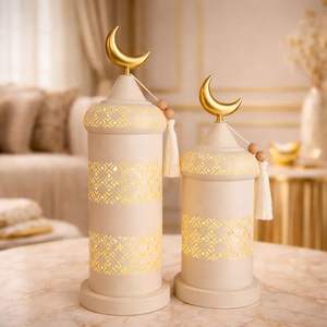 Elegant White Metal Crescent <b>Lantern</b> Duo with <b>Tall</b> Slim Design Intricate Cutwork Warm Candle Glow Perfect Festive Home Decor - Product Image 5
