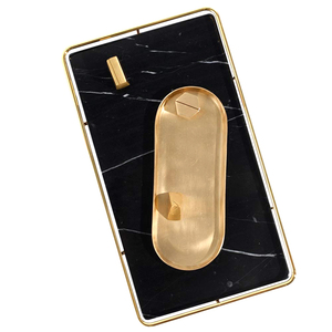 Pure <b>Black</b> Marble <b>Serving</b> <b>Tray</b> with Golden Handles Eco-Friendly American Style Polished Finish High Quality Low MOQ for Weddings - Product Image 3