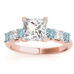 14k Rose Gold <b>Fine</b> <b>Jewelry</b> <b>Set</b> Princess Cut Diamond & Aquamarine 1.30ct Bridal <b>Set</b> - Product Image 4