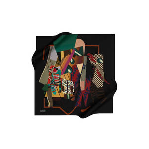 Vintage Black Polyester Square Scarf with Floral and Geometric Pattern - Product Image 1