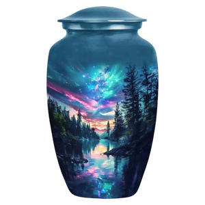 Urne funéraire artisanale en aluminium durable et écologique pour cendres humaines, thème forêt, couleur personnalisée, 10 pouces, avec sac en velours - Product Image 2