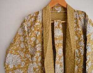 Kantha indio hecho a mano que hace la chaqueta abrigo vestido tira bloque estampado abrigo corto Boho frente abierto chaqueta acolchada Kimono vestido mujeres - Product Image 5