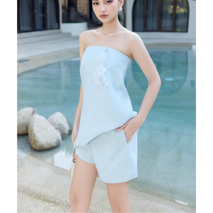 Tissu de luxe pour filles pantalon court formel bleu glace Enzo Vietnam OEM étiquette personnalisée vente en gros de haute qualité vêtements de style bureau - Product Image 5