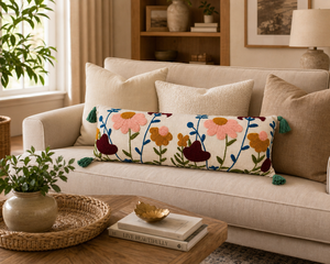 Housse de coussin lombaire en coton brodé motif floral Boho Meadow, taie d'oreiller longue artisanale avec pompons aux coins pour la décoration de la literie - Product Image 6