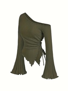 Haut asymétrique à une épaule en maille à manches lanternes, grande taille, couleur unie, design froncé, pour adolescentes, broderie décontractée 100% - Product Image 1