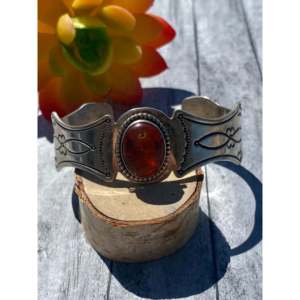 Navajo Pawn-Made Sterling <b>Silver</b> & Amber Fashion <b>Cuff</b> <b>Bracelet</b> - Product Image 1